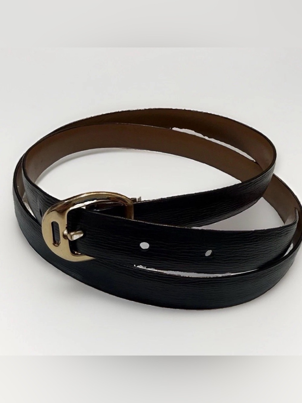 Lauren Ralph Lauren Womens Black Genuine Leather Skinny Belt Gold Buckle Size XL